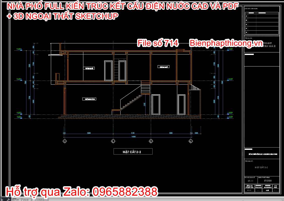 Mặt cắt nhà phố 2 tầng cad rộng 5m x 14m.