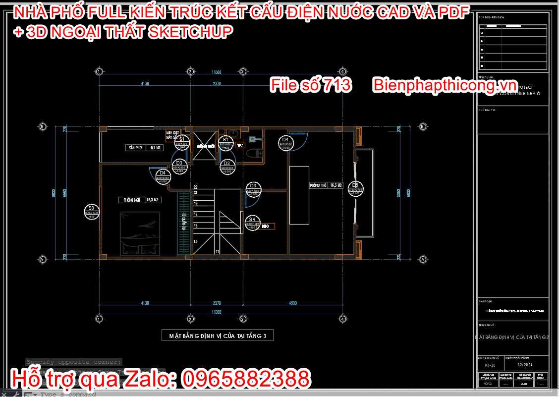 Bản vẽ thiết kế mặt bằng nhà 3 tầng rộng 6m đẹp.