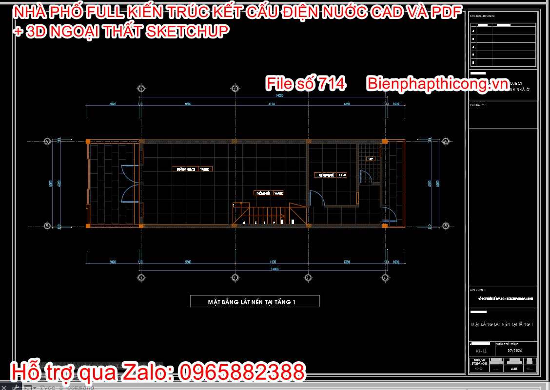Mặt bằng lát nền nhà phố 2 tầng rộng 5m x 14m cad