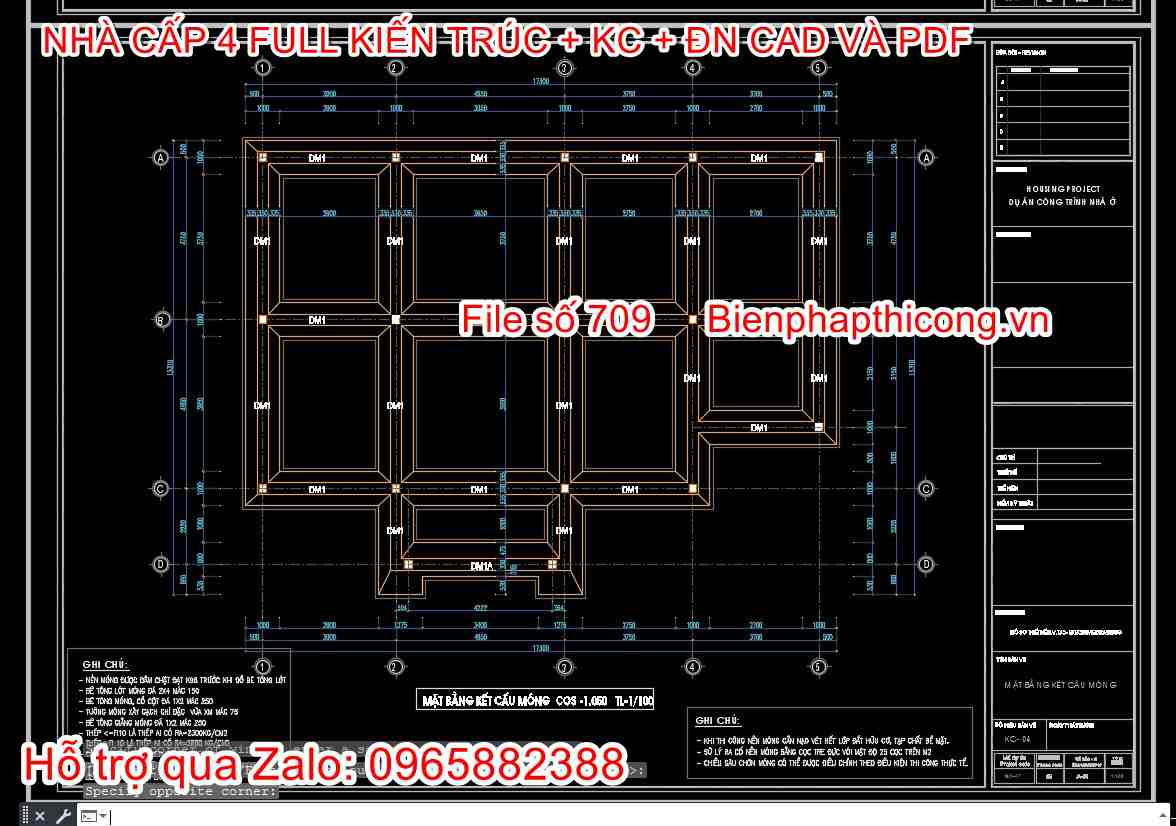 Tải bản vẽ móng nhà cấp 4 4 phòng ngủ cad.