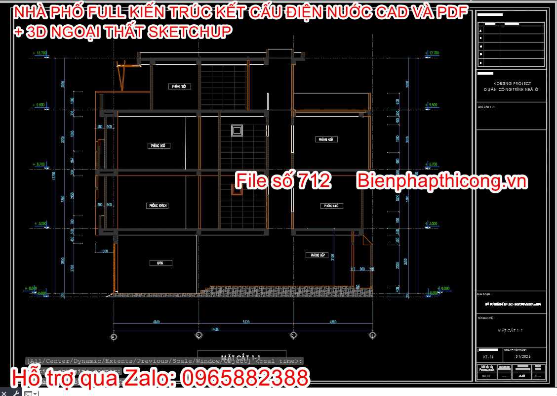 Bản vẽ mặt cắt hồ sơ bản vẽ nhà phố 4 tầng 4m x 14m