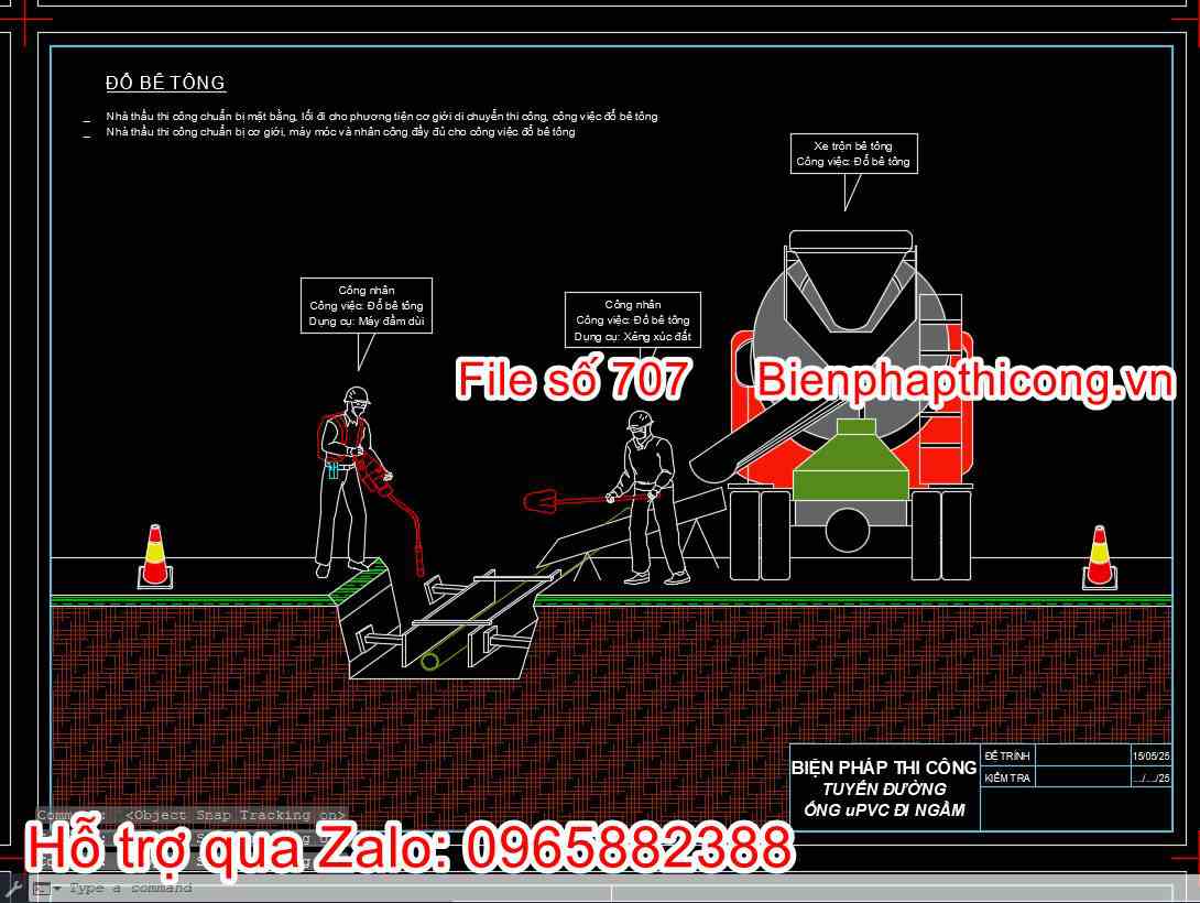 Đổ bê tông tuyến ống uPVC đi ngầm cad.