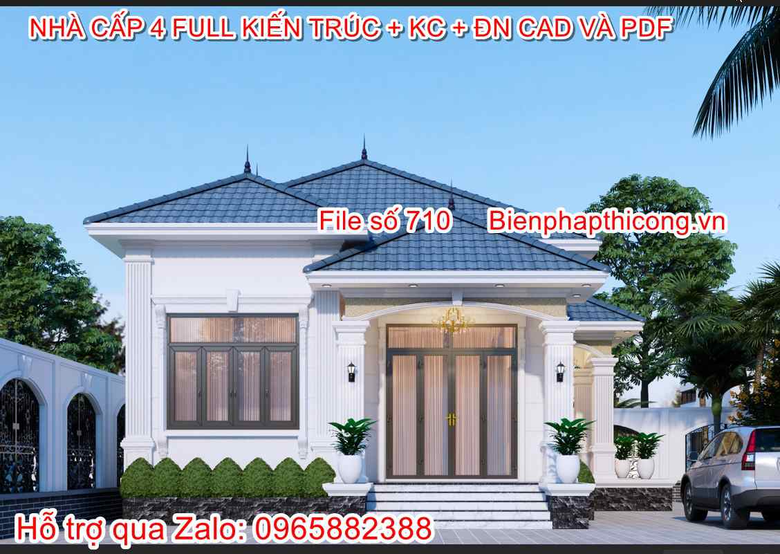 Hồ sơ bản vẽ nhà cấp 4 mái nhật tân cổ 120m2 3 ngủ