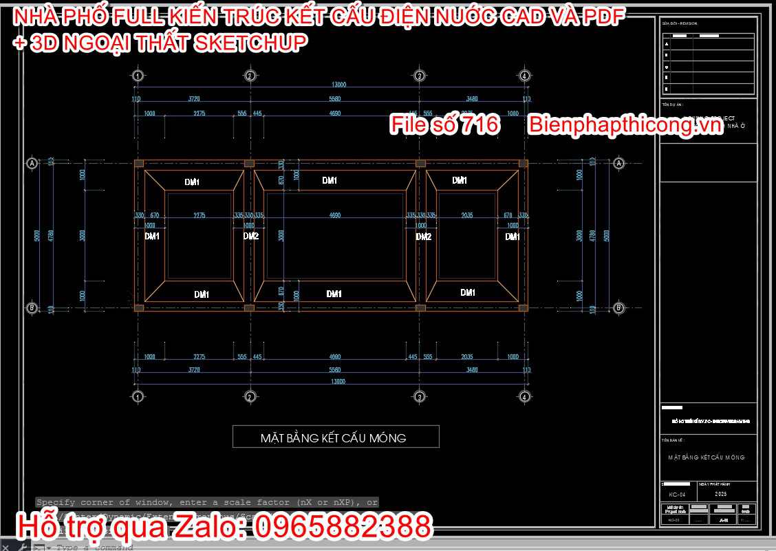 Bản vẽ mặt bằng kết cấu móng nhà phố 3 tầng cad đẹp.