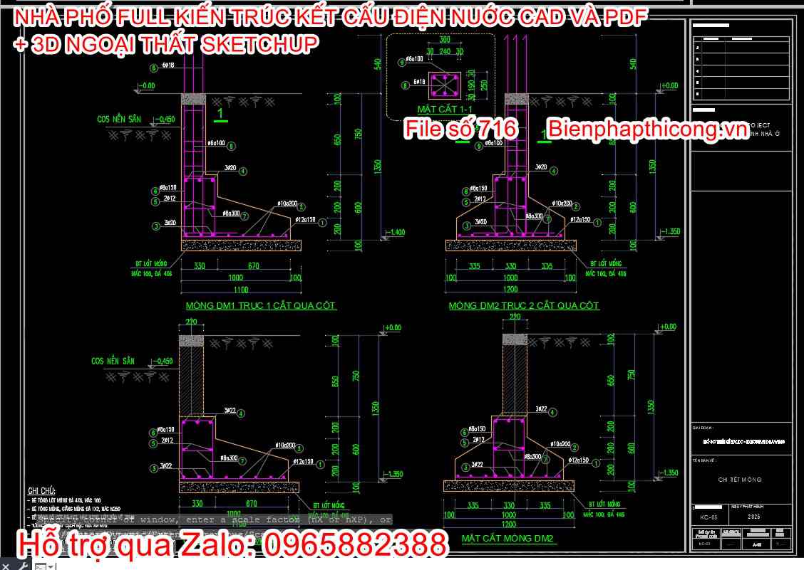 Bản vẽ chi tiết móng bằng nhà phố 3 tầng rộng 5m.