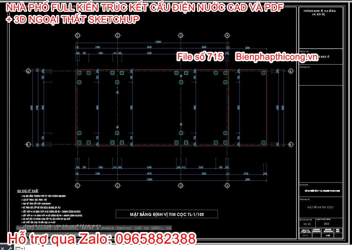 Bản vẽ nhà phố 2 tầng móng cọc ép bê tông cad.