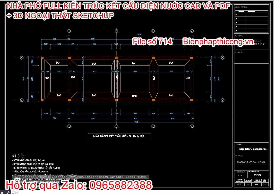 Mặt bằng kết cấu móng nhà phố 2 tầng 5m x 14m.