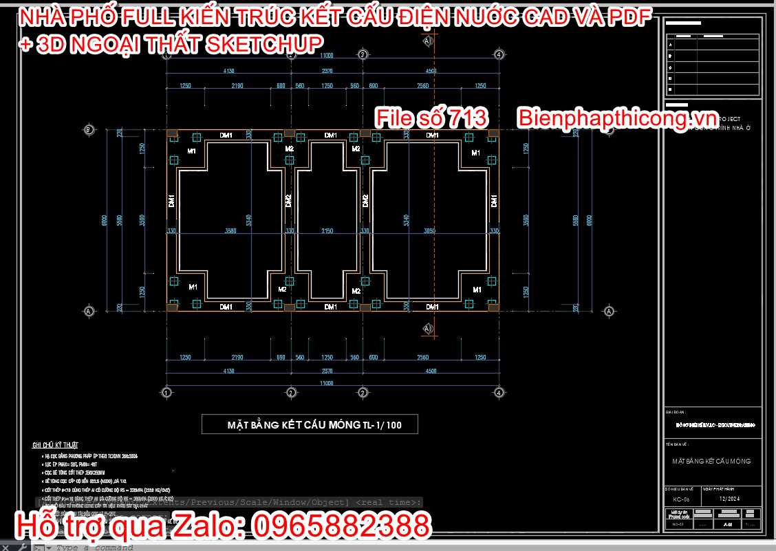 Bản vẽ chi tiết móng nhà phố 3 tầng mặt tiền 6m.