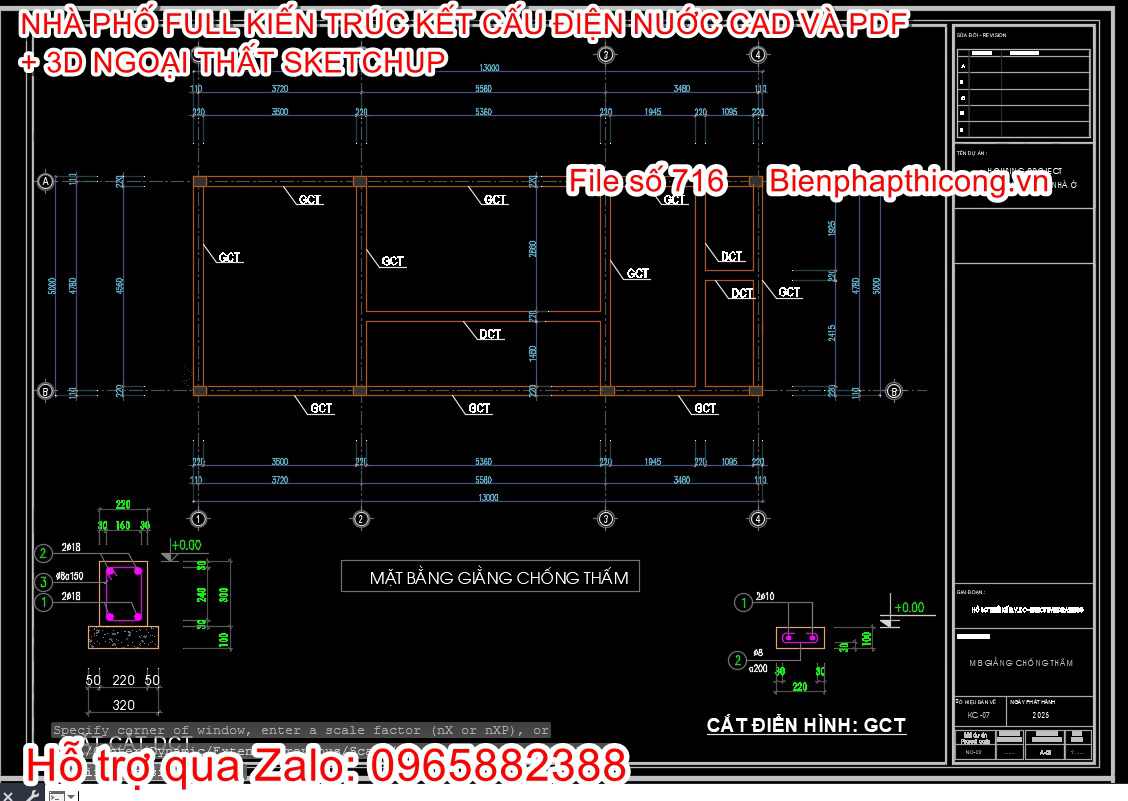 Bản vẽ kết cấu móng file cad nhà phố 3 tầng đẹp.