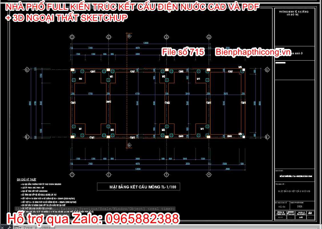 Bản vẽ kết cấu móng nhà phố 2 tầng 6m x 12m.