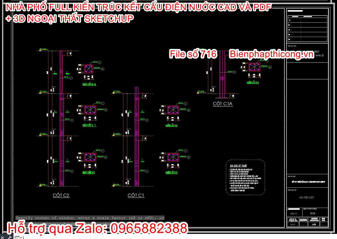 Bản vẽ chi tiết cột nhà phố 3 tầng hiện đại.