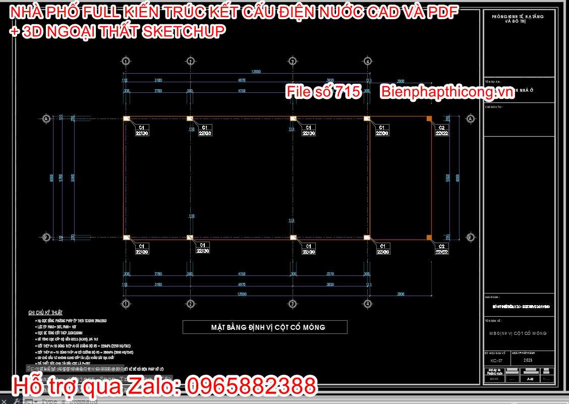 Bản vẽ định vị cột nhà phố 2 tầng.