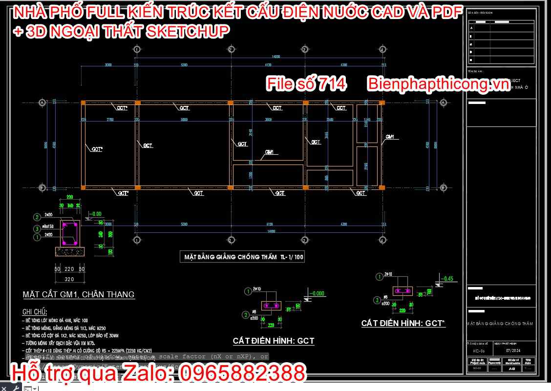 Bản vẽ kết cấu móng nhà phố 2 tầng 5m x 14m.