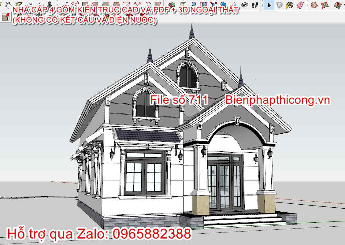 File sketchup nhà cấp 4 mái thái 110m2.