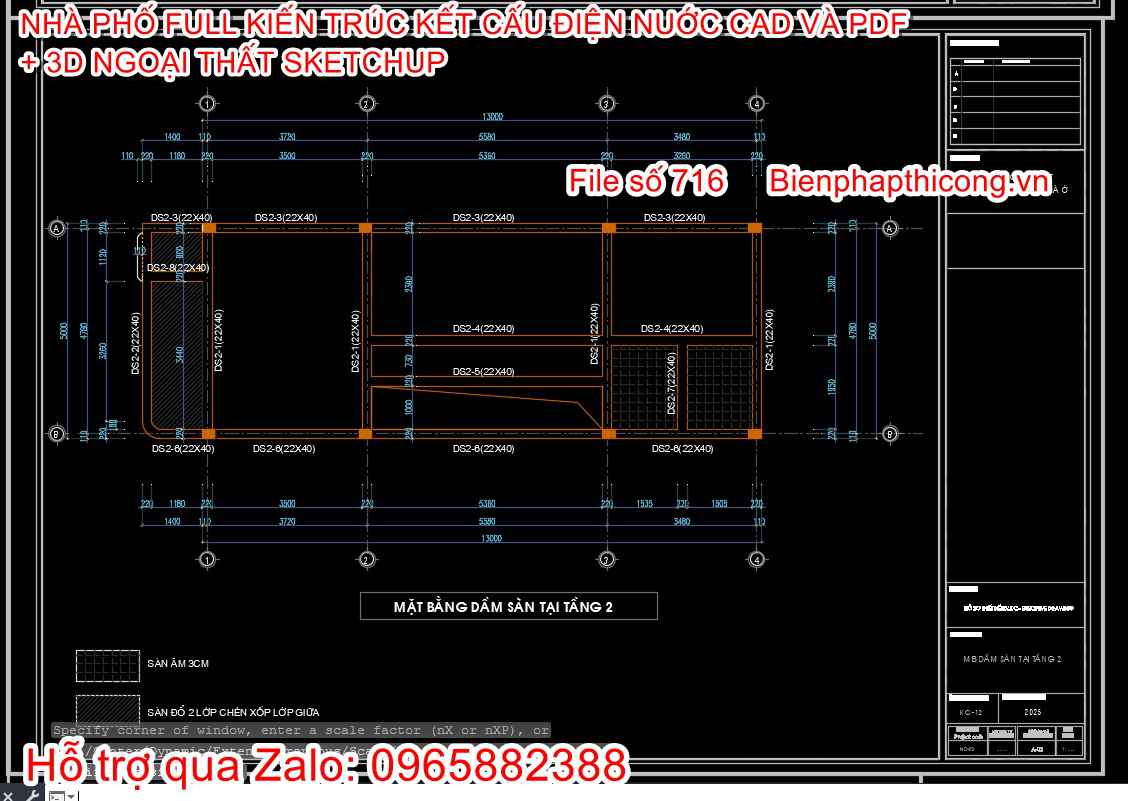 Bản vẽ thiết kế chi tiết dầm sàn nhà phố 3 tầng cad.