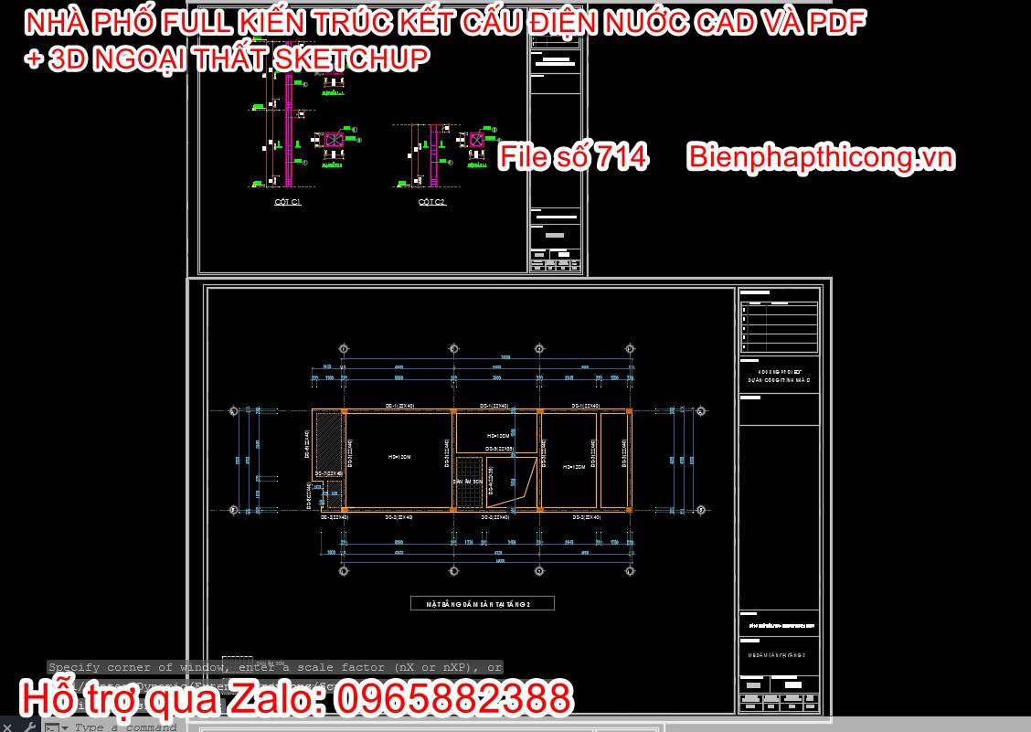 Bản vẽ thiết kế dầm sàn nhà phố 2 tầng ngang 5m.