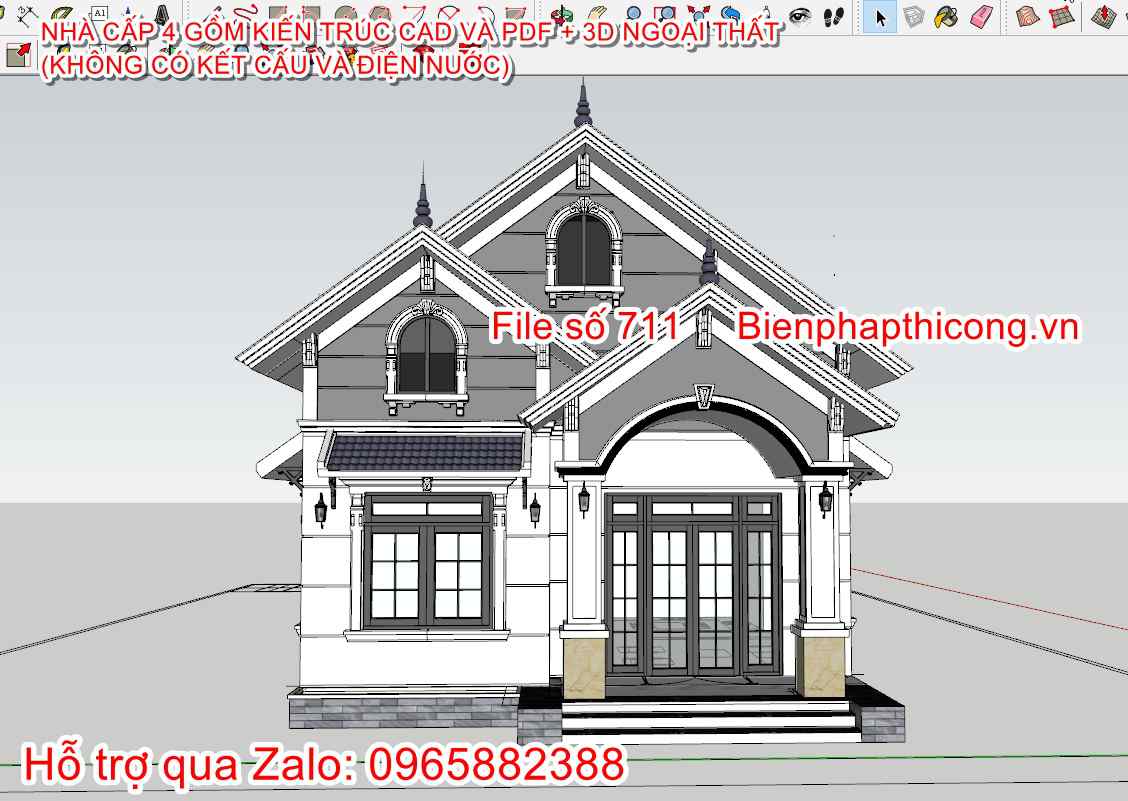 File sketchup nhà cấp 4 mái thái 110m2 3 ngủ.