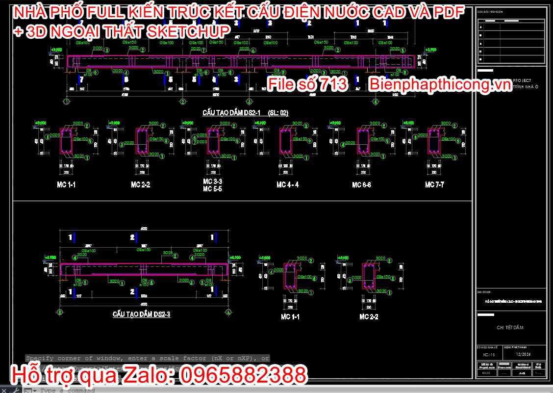 Bản vẽ chi tiết dầm nhà phố 3 tầng full.