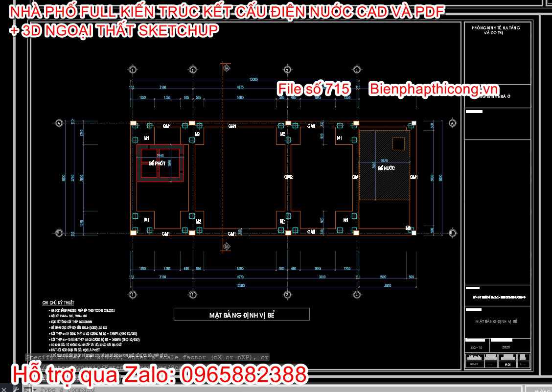 Bản vẽ định vị bể nhà phố 2 tầng cad.