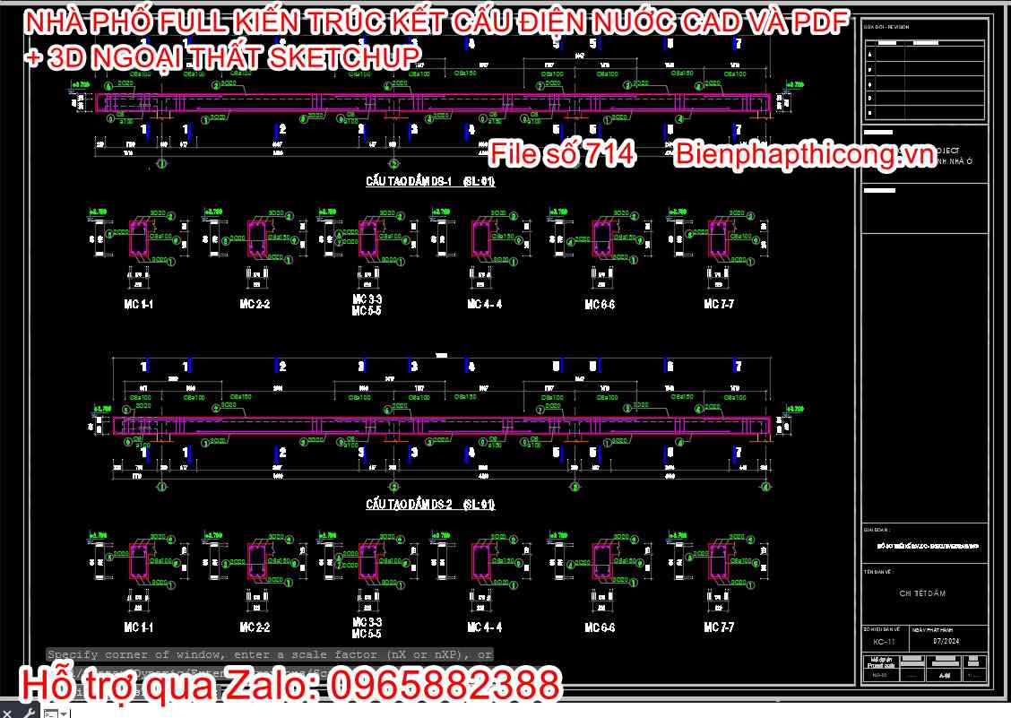 Bản vẽ thiết kế chi tiết dầm nhà phố 2 tầng ngang 5m x 14m.