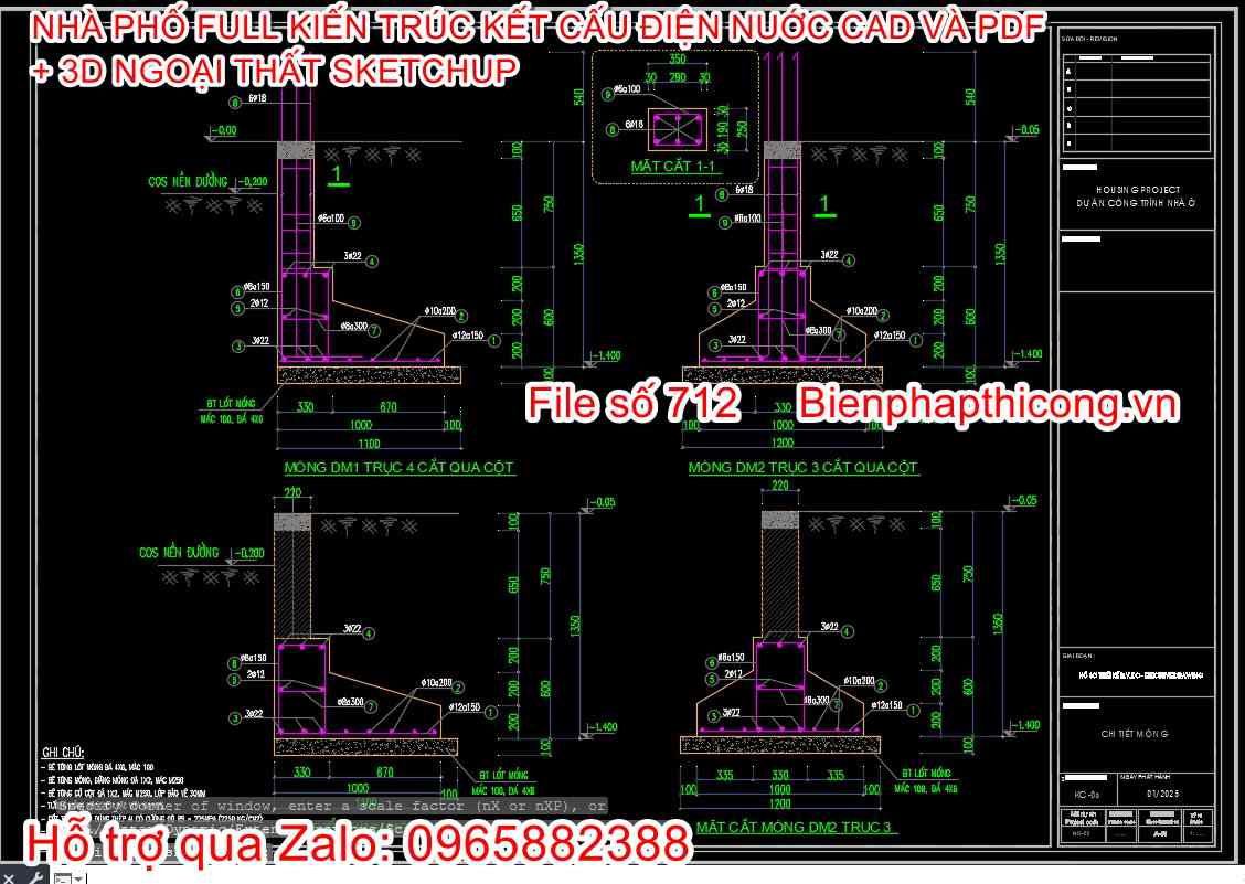 Bản vẽ chi tiết phần móng nhà phố 4m x 14m.