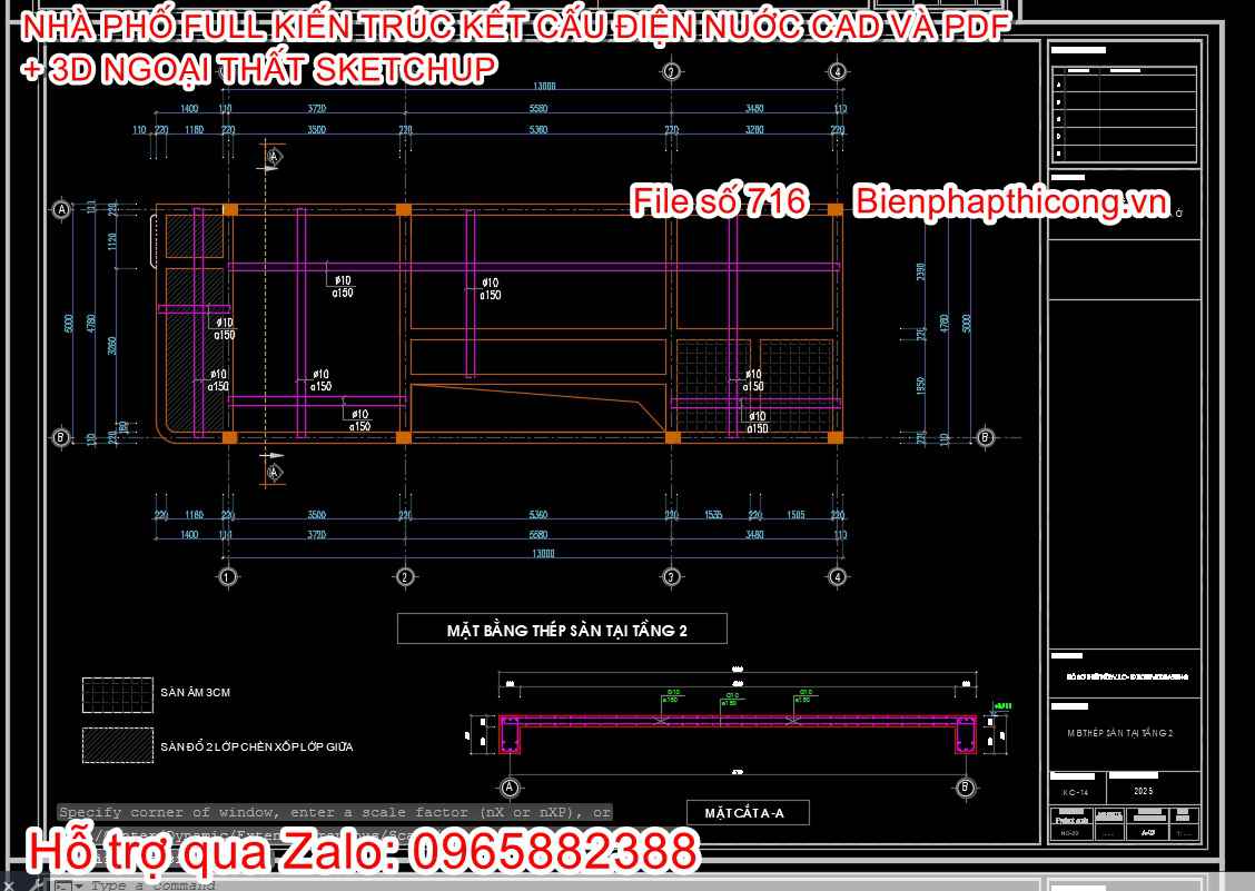 Bản vẽ thiết kế thép sàn nhà phố 3 tầng cad đẹp.