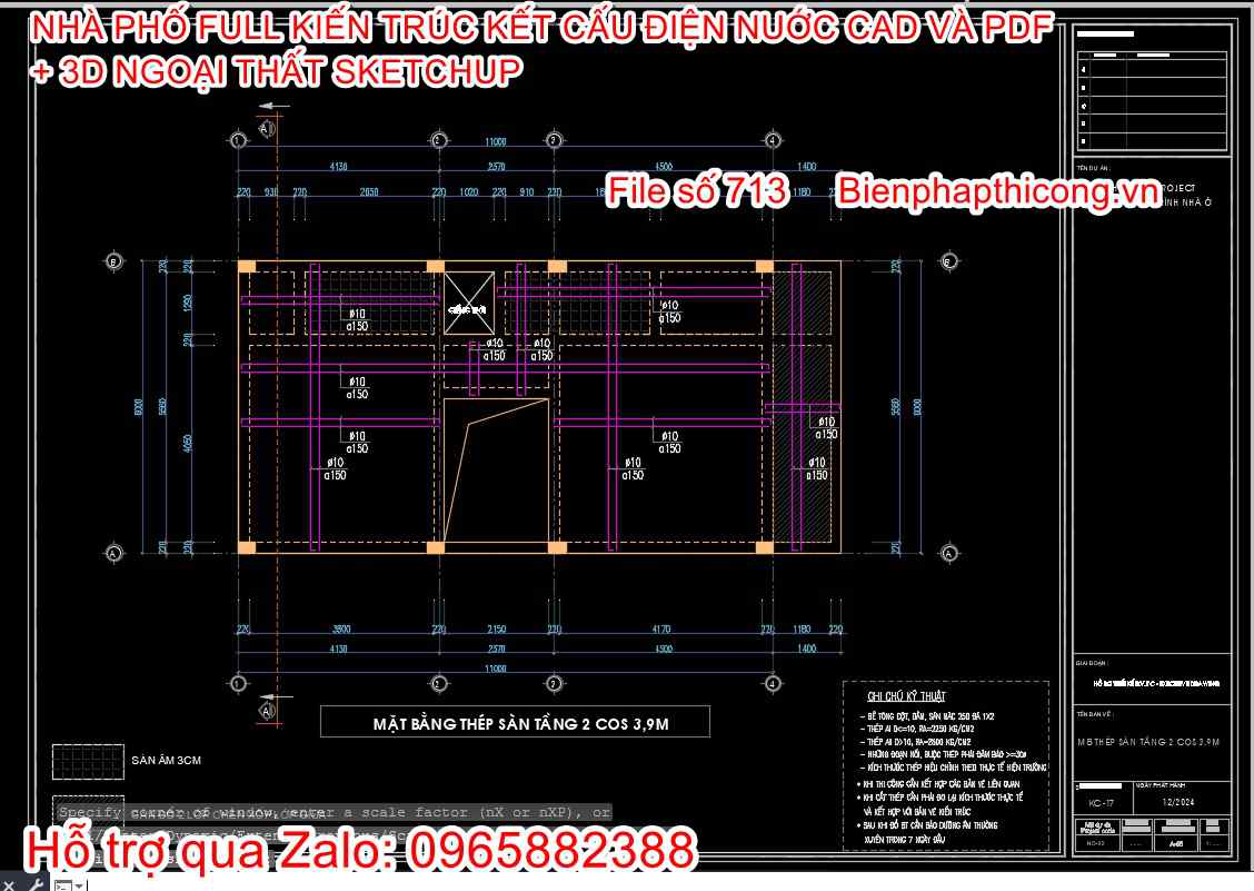 Tải bản vẽ bố trí thép sàn nhà phố 3 tầng.
