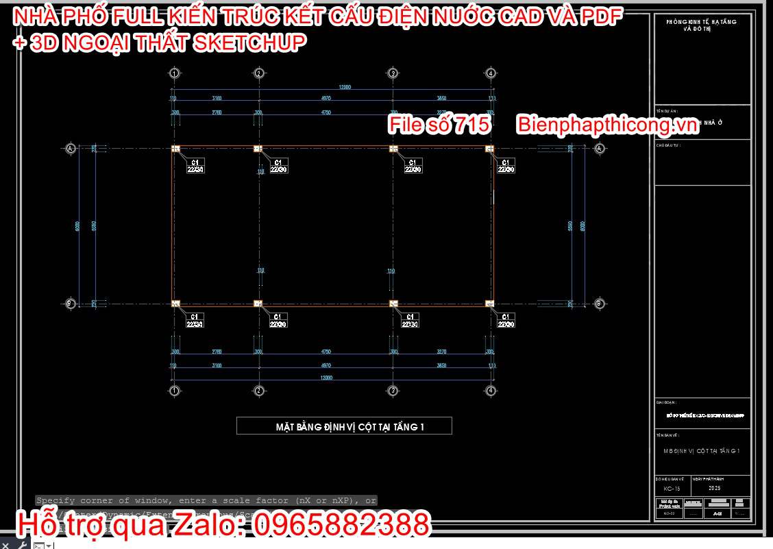 Bản vẽ định vị cột nhà phố nhà ống 2 tầng.
