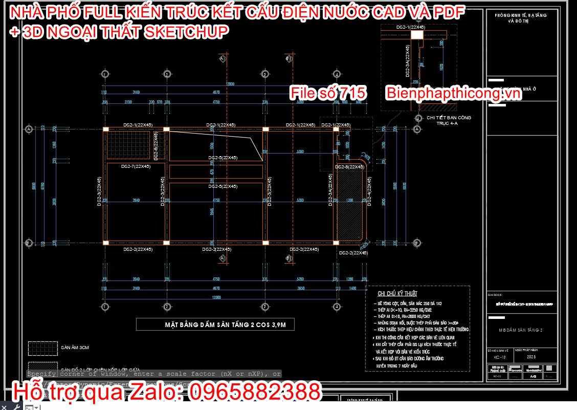 Bản vẽ thiết kế chi tiết dầm sàn nhà phố 2 tầng.