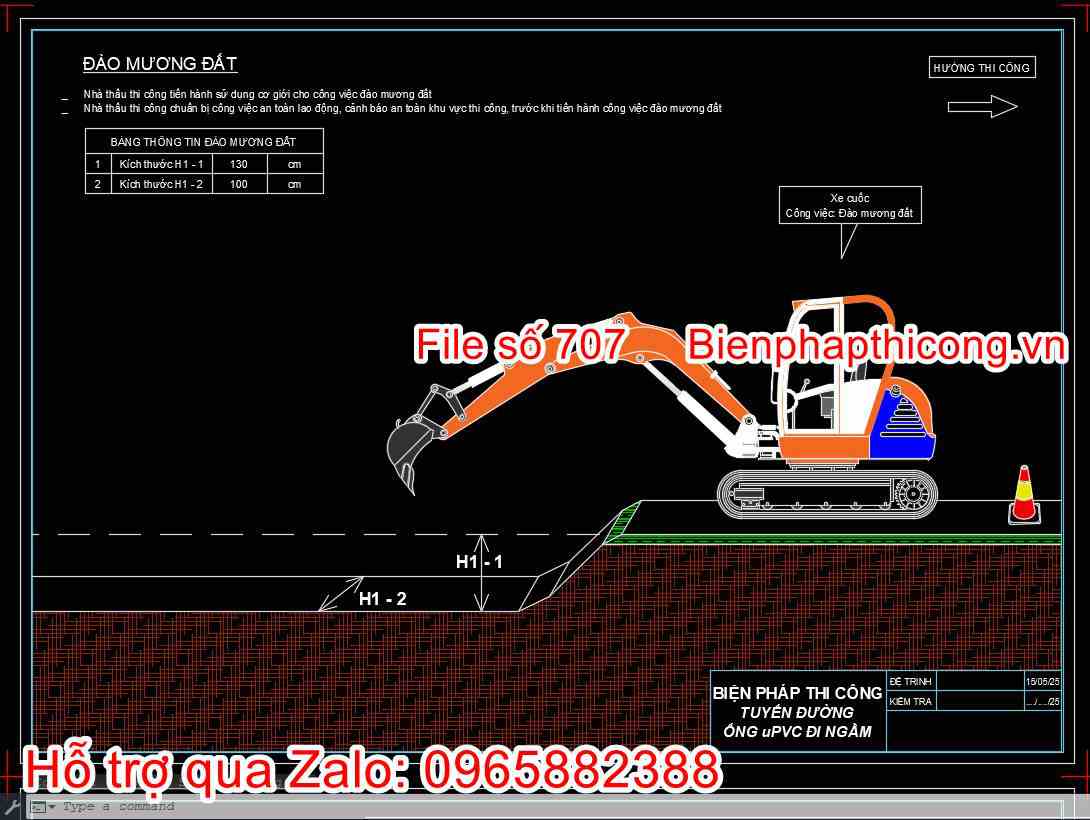 Bản vẽ biện pháp đào mương đất ống uPVC đi ngầm.