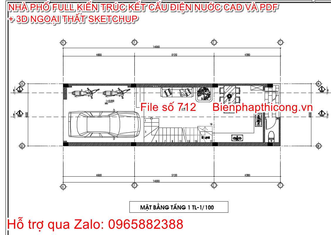 File cad mặt bằng nhà phố 3 tầng 1 tum 4m x 14m