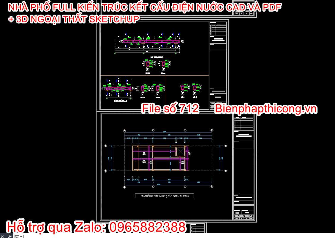 Bản vẽ file cad kết cấu thép sàn nhà phố 4m x 14m.
