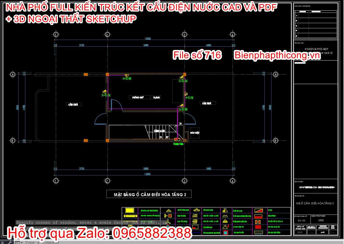 Bản vẽ thi công nhà phố 3 tầng cad 5m x 13m.