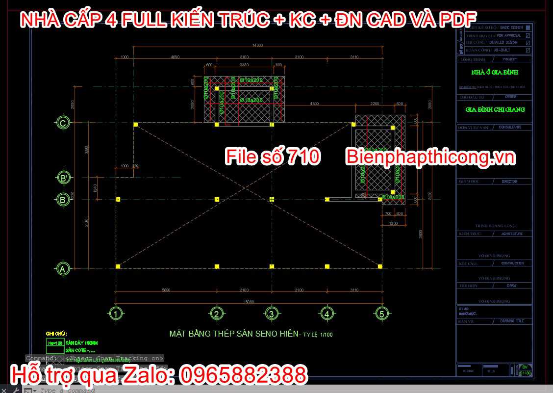 Tải bản vẽ cad nhà cấp 4 bố trí thép sàn.
