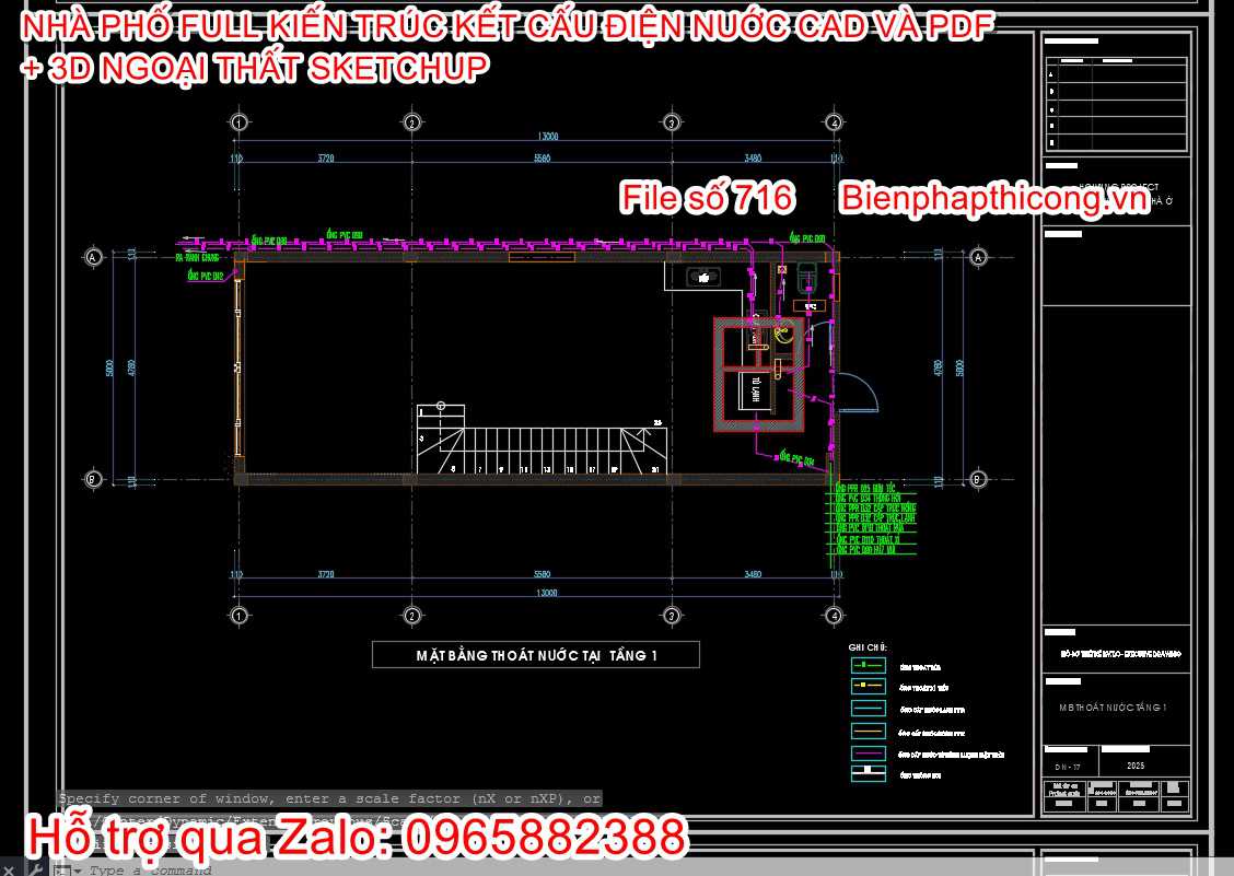 Bản vẽ thoát nước nhà phố 3 tầng cad đẹp.