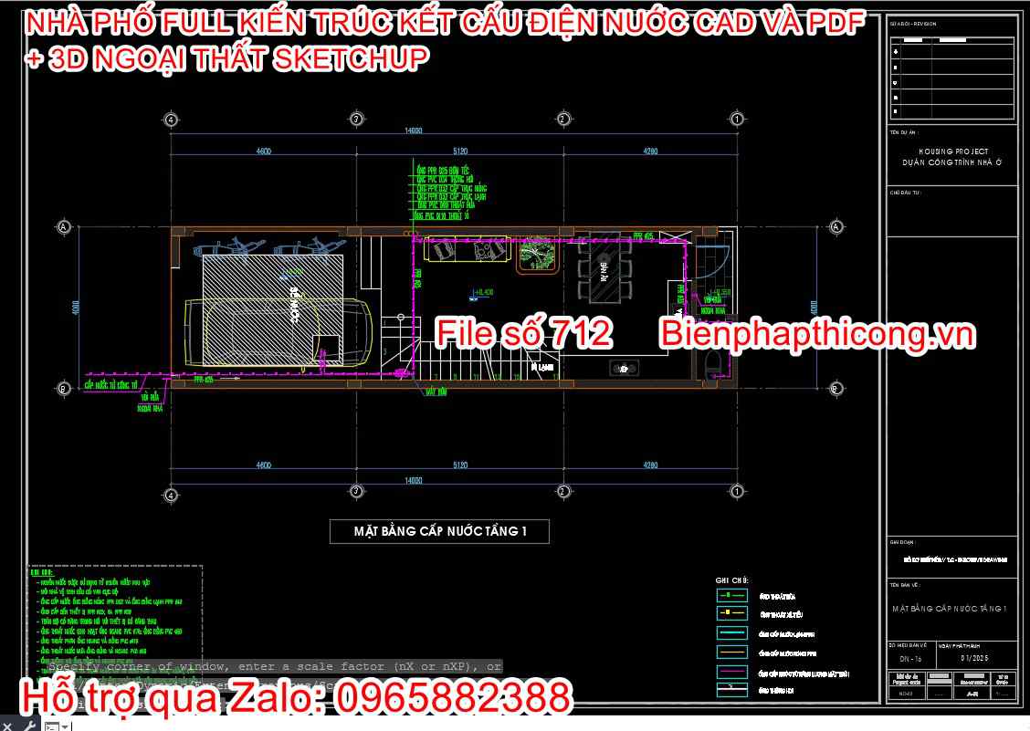 File dwg bản vẽ cấp thoát nước nhà phố 4m x 14m.