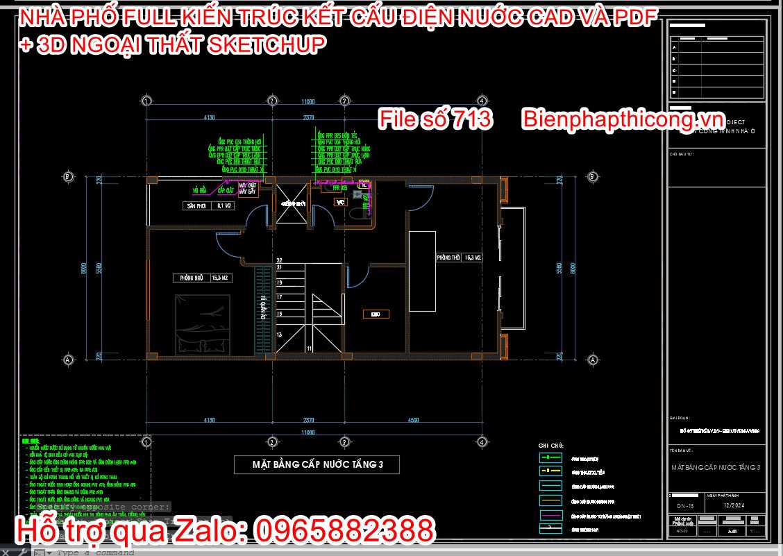 File cad thiết kế cấp thoát nước nhà phố 3 tầng.