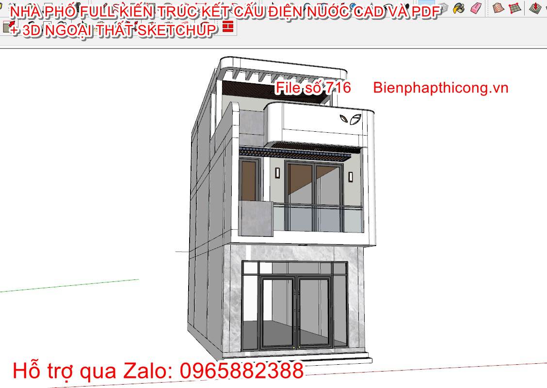 Mẫu sketchup nhà phố 3 tầng ngoại thất.