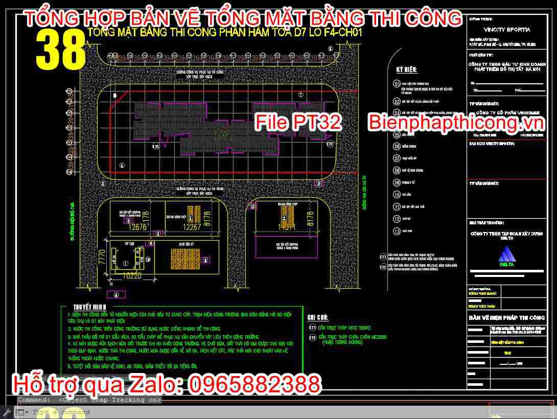 Tổng mặt bằng thi công phần hầm cad.
