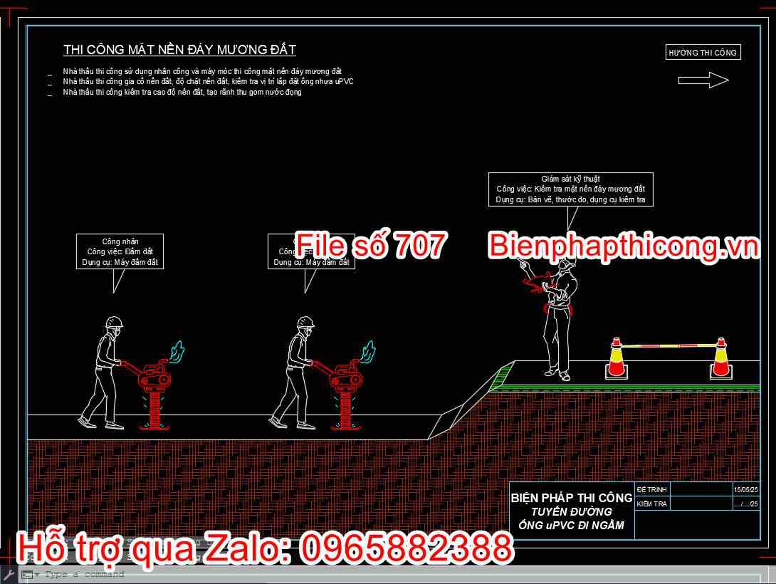 Bản vẽ biện pháp thi công mặt nền đáy mương đất cad.