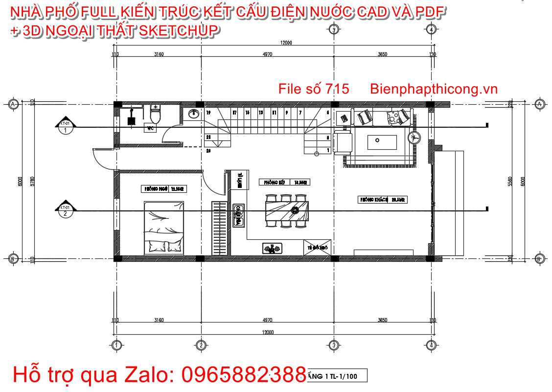 Bản vẽ mặt bằng nhà phố 2 tầng 3 ngủ rộng 6m x 12m.