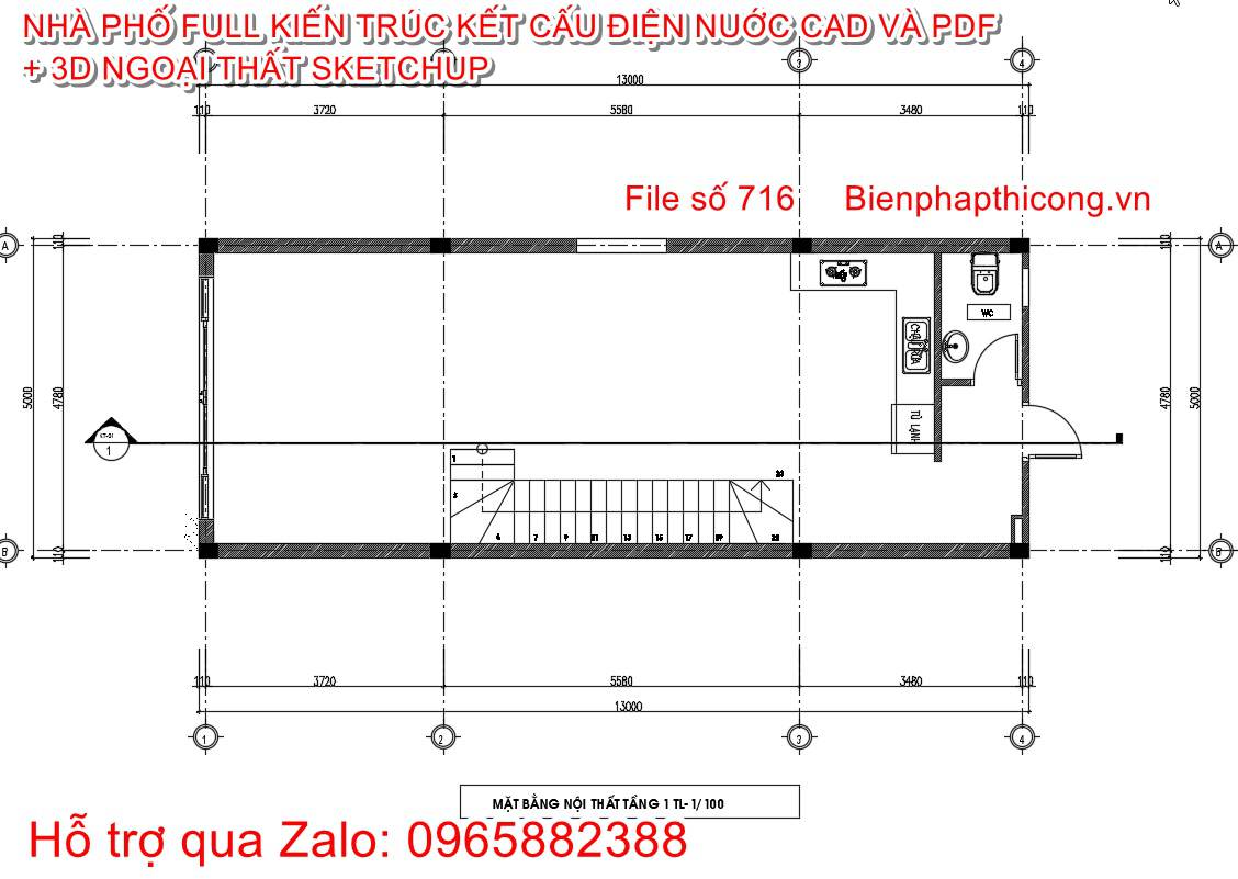 Bản vẽ mặt bằng nhà phố 3 tầng ngang 5m x 13m.