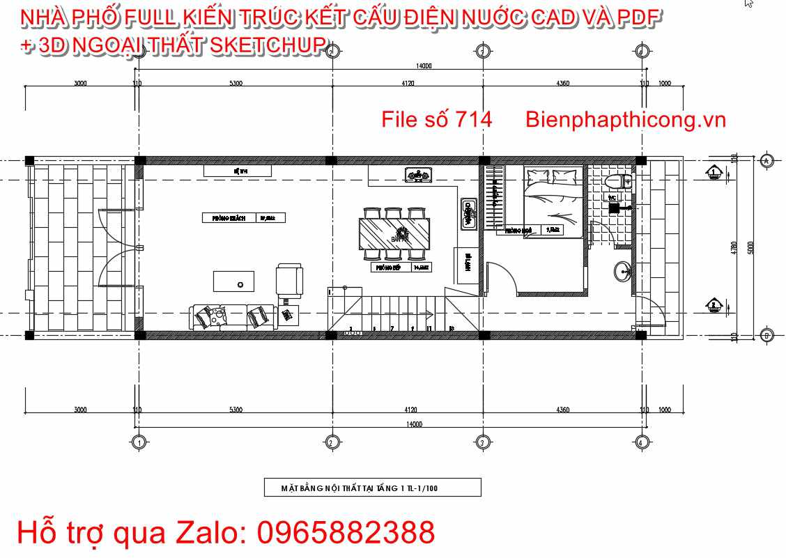 File cad mặt bằng tầng 1 nhà phố 5m x 14m cad.