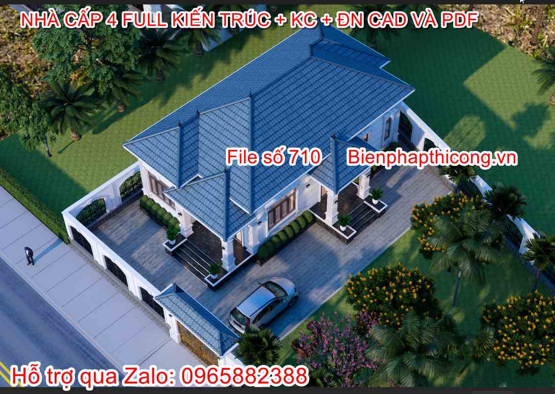 File cad nhà cấp 4 mái nhật 3 ngủ 120m2