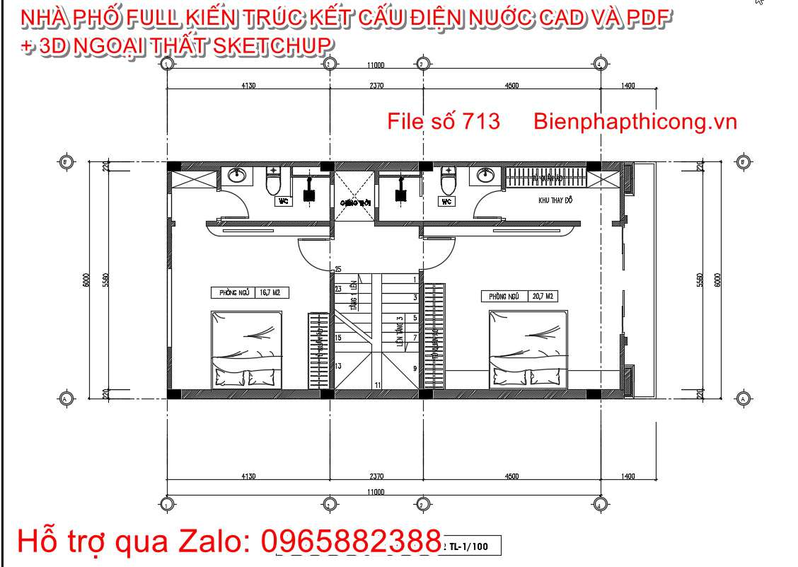 Thiết kế mặt bằng nhà phố 3 tầng rộng 6m cad.