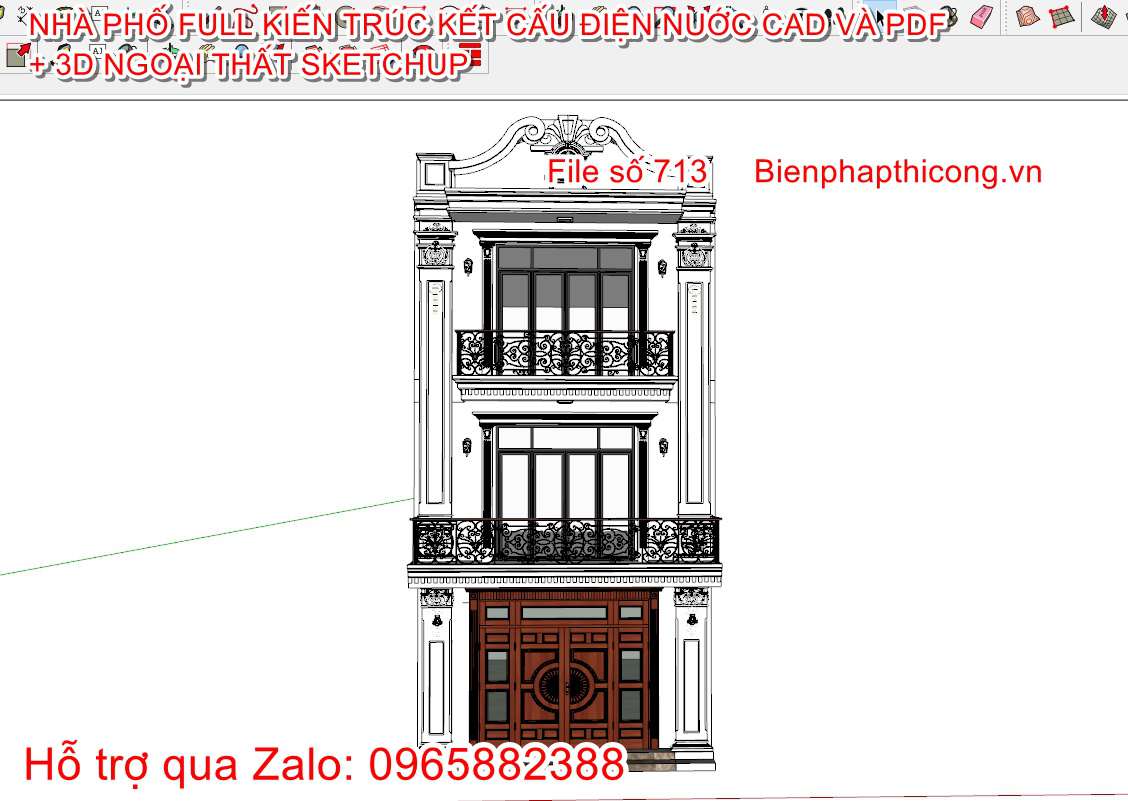 Mẫu bản vẽ thiết kế 3d nhà phố 3 tầng tân cổ.