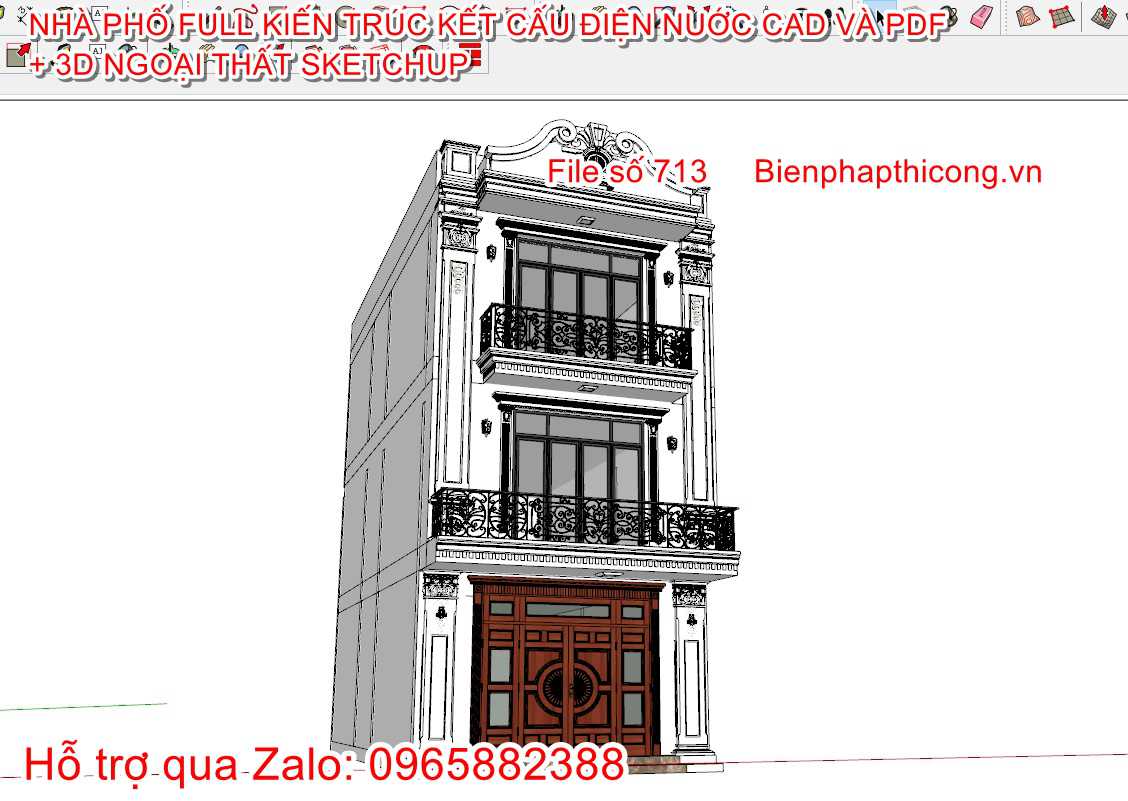 Bản vẽ thiết kế nhà phố 3 tầng sketchup đẹp.