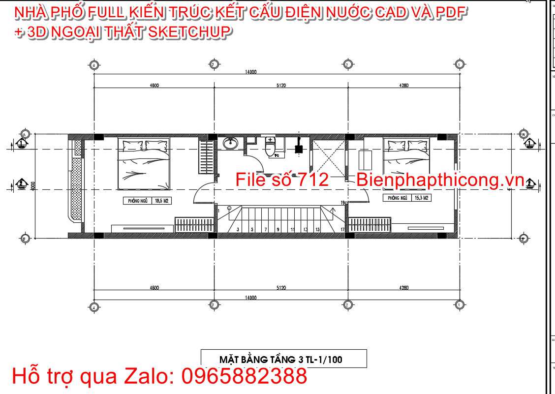 Bản vẽ cad mặt bằng nhà 3 tầng 1 tum 4m x 14m