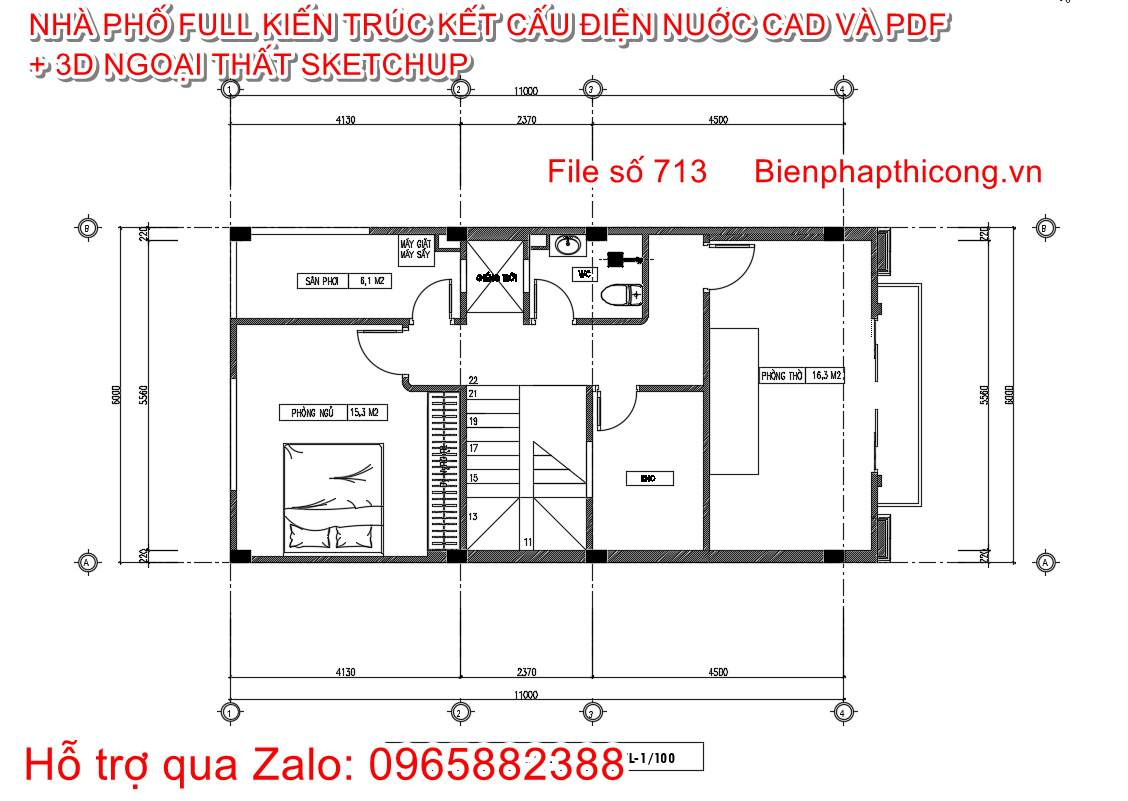 Bản vẽ mặt bằng nhà phố 3 tầng cad 6m