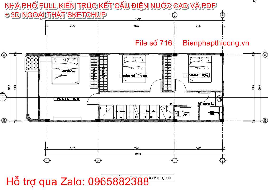 Mặt bằng nhà 3 tầng 3 ngủ rộng 5m x 13m cad đẹp.
